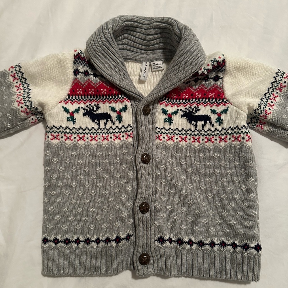 Janie & Jack Baby Boy Gray and White Sweater with Reindeer, Size 18-24 months